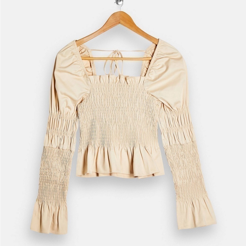 Topshop milkmaid shirred blouse long sleeve statement unique neutral office - Picture 4 of 6